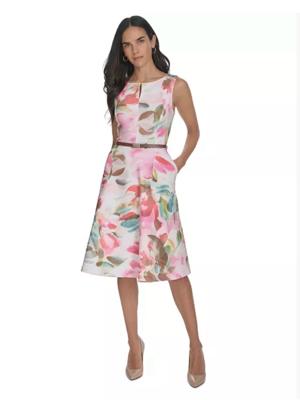 Calvin Klein Floral Watercolor Dress Sleeveless Fit & Flare stretch Dress sz 10 - Picture 8 of 9